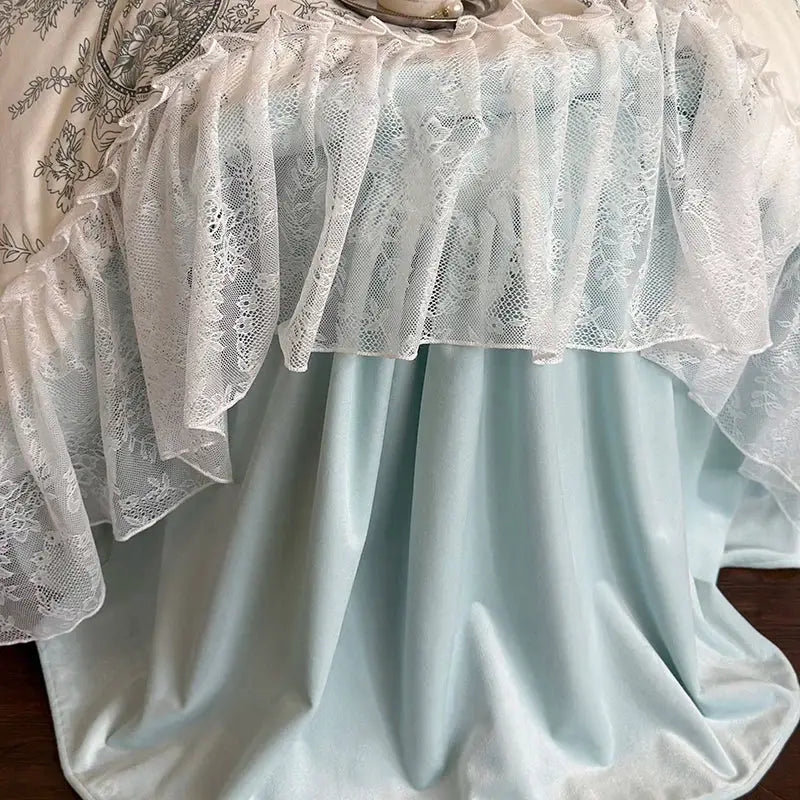 French lace ruffles blue & white bedding set bedroom floral quilt cover