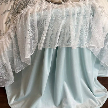 French lace ruffles blue & white bedding set bedroom floral quilt cover