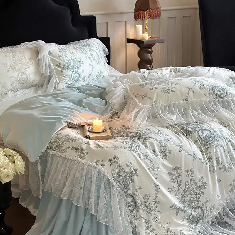 French lace ruffles blue & white bedding set bedroom floral quilt cover