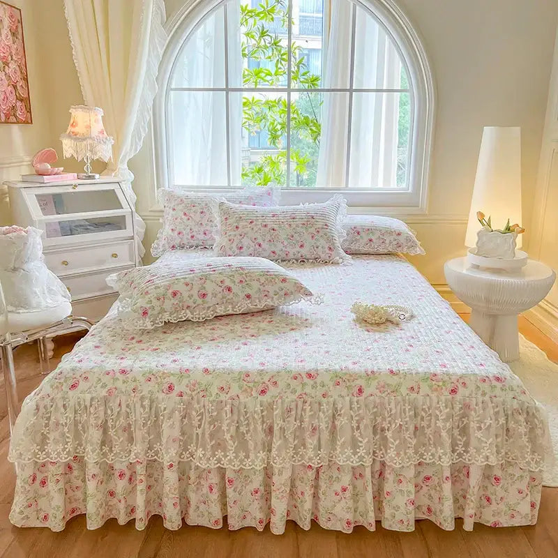 French lace ruffles cream floral bedding set – bedroom decor