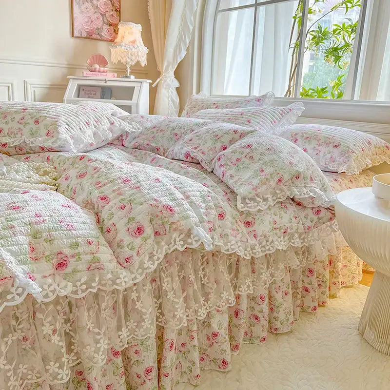 French lace ruffles cream floral bedding set – bedroom decor
