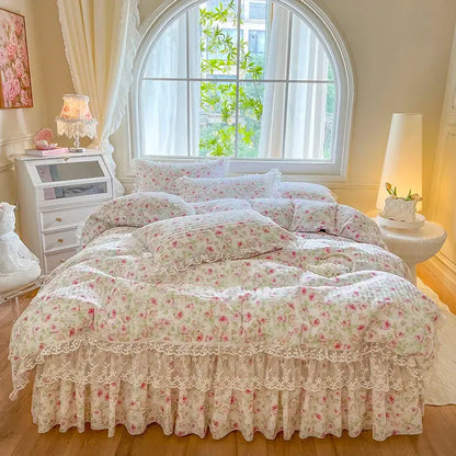 French lace ruffles cream floral bedding set – bedroom decor