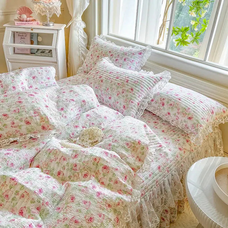 French lace ruffles cream floral bedding set – bedroom decor