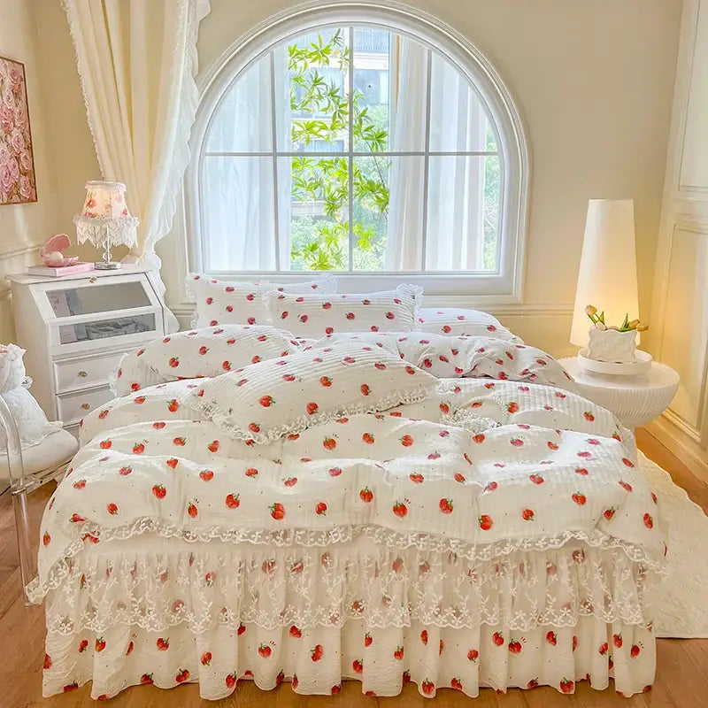 French lace ruffles cream floral bedding set – bedroom decor