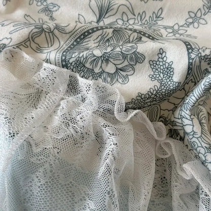 French lace ruffles light blue & white bedding set bedroom quilt cover