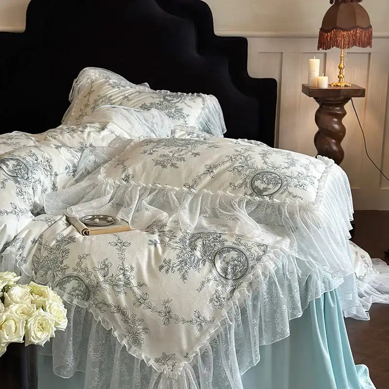 French lace ruffles light blue & white bedding set bedroom quilt cover