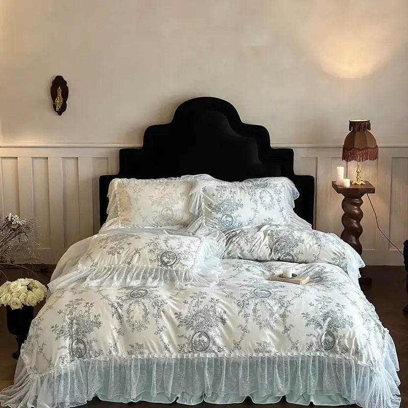 French lace ruffles light blue & white bedding set bedroom quilt cover