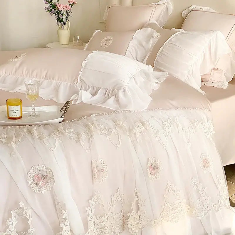 French lace ruffles pink cotton bedding set bedroom decor