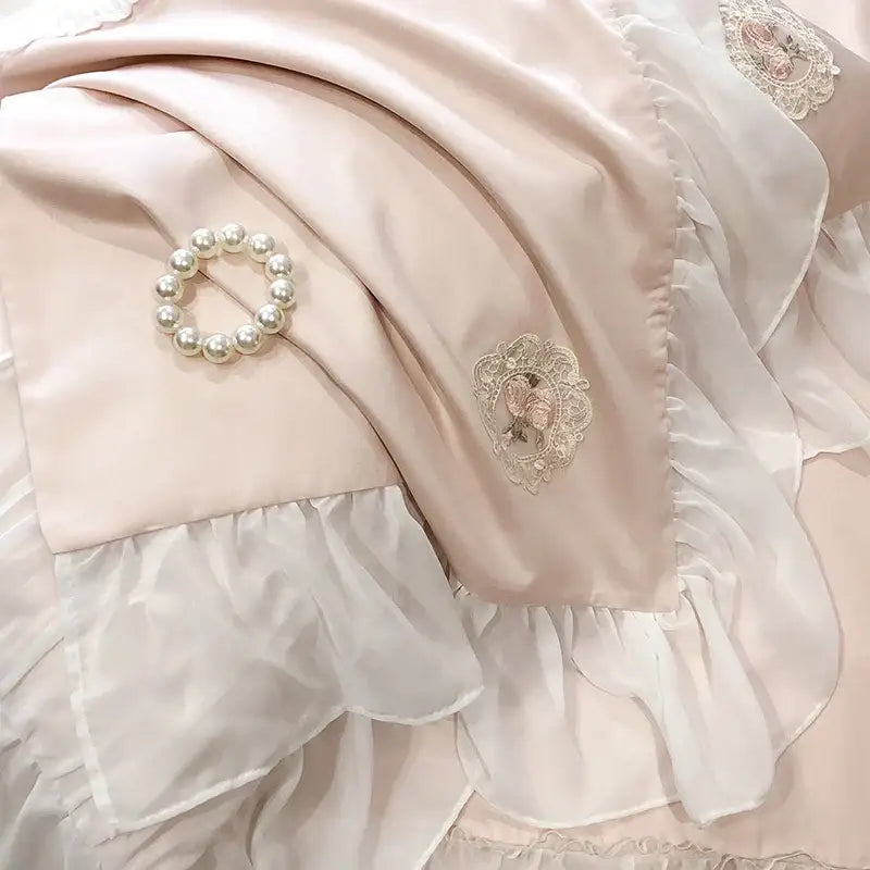 French lace ruffles pink cotton bedding set bedroom decor