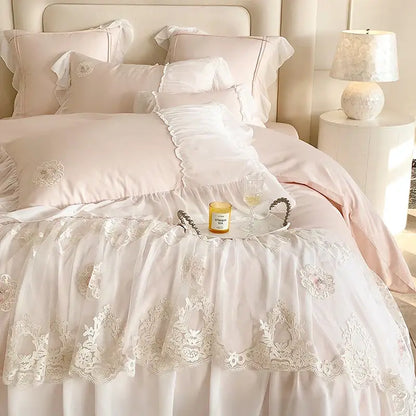 French lace ruffles pink cotton bedding set bedroom decor