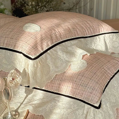 French lace ruffles pink & white bedding set bedroom egyptian cotton