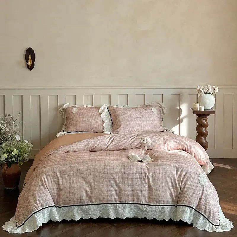 French lace ruffles pink & white bedding set bedroom egyptian cotton