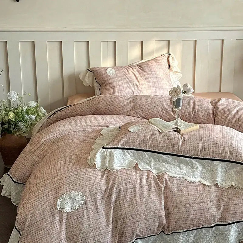 French lace ruffles pink & white bedding set bedroom egyptian cotton
