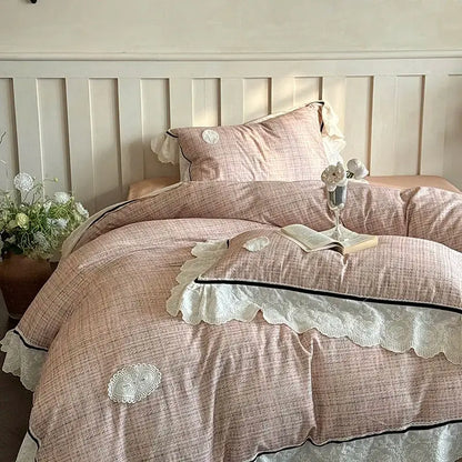 French lace ruffles pink & white bedding set bedroom egyptian cotton