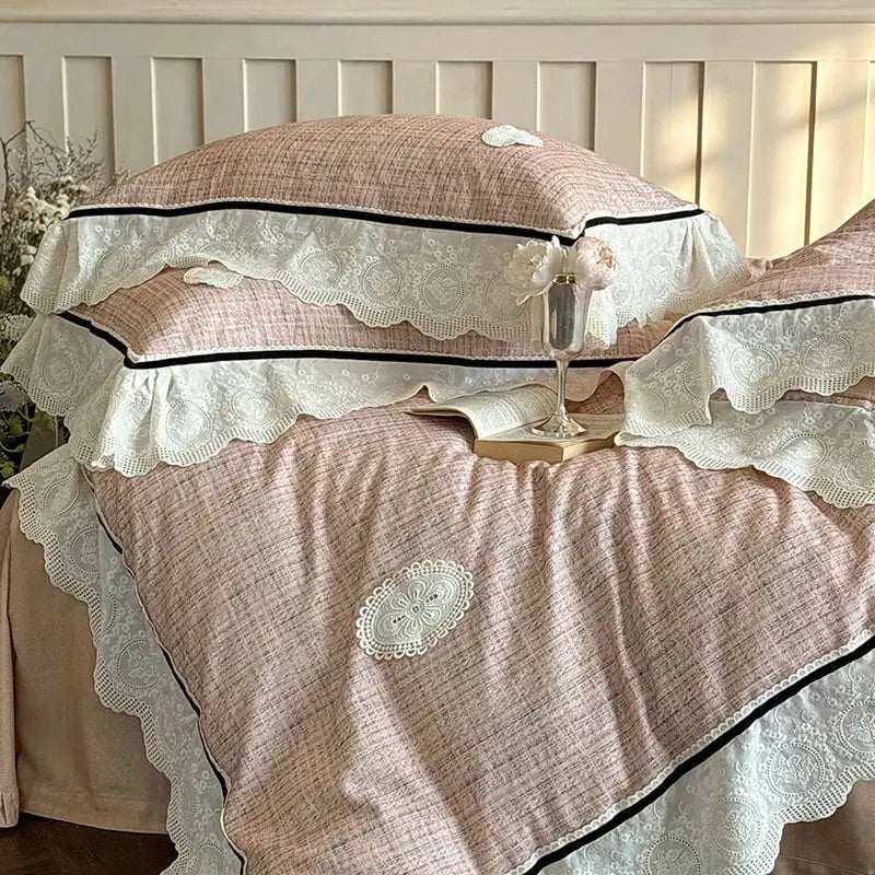French lace ruffles pink & white bedding set bedroom egyptian cotton