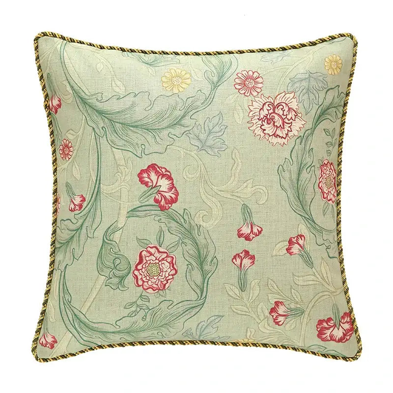 French linen flax bird and flower lumbar pillow cover bedroom decor
