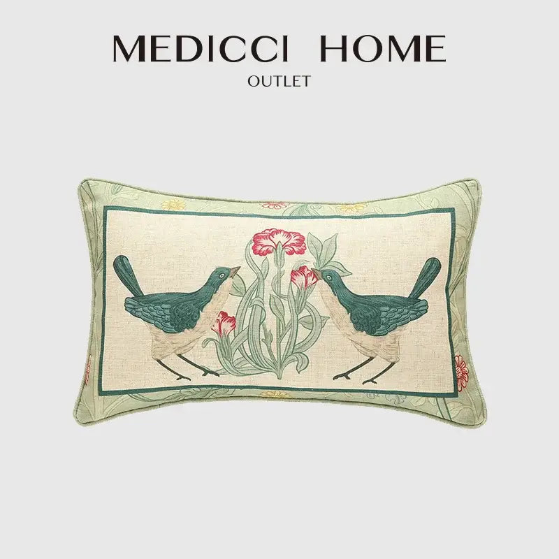 French linen flax bird and flower lumbar pillow cover bedroom decor