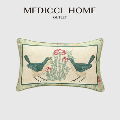 French linen flax bird and flower lumbar pillow cover bedroom decor
