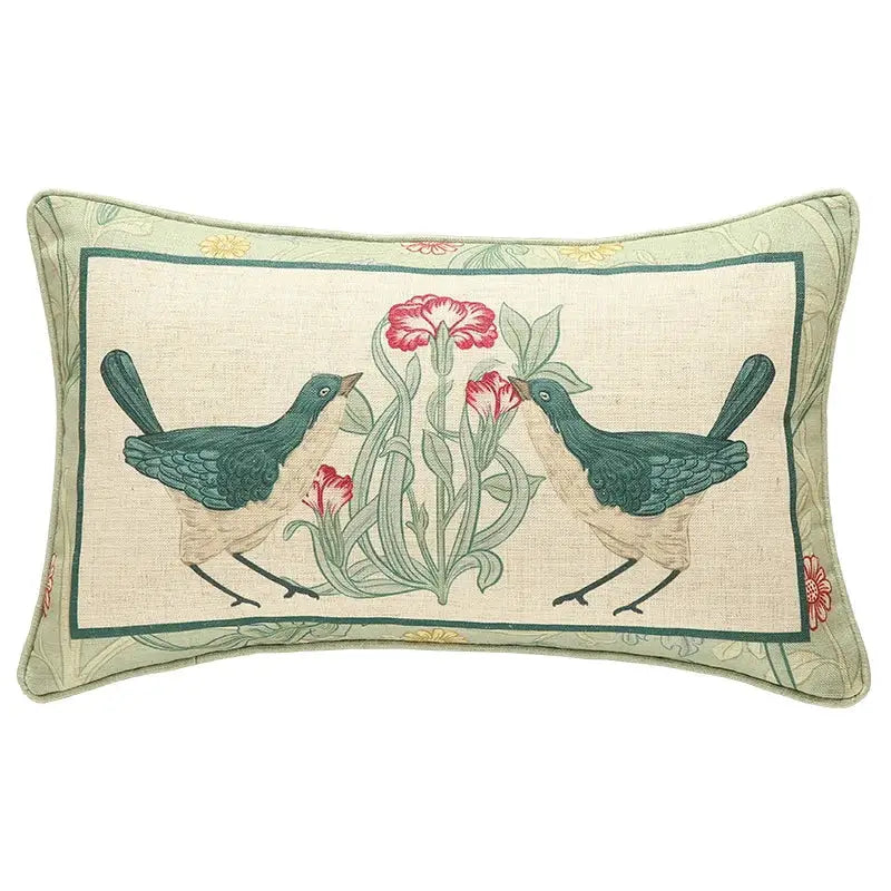 French linen flax bird and flower lumbar pillow cover bedroom decor