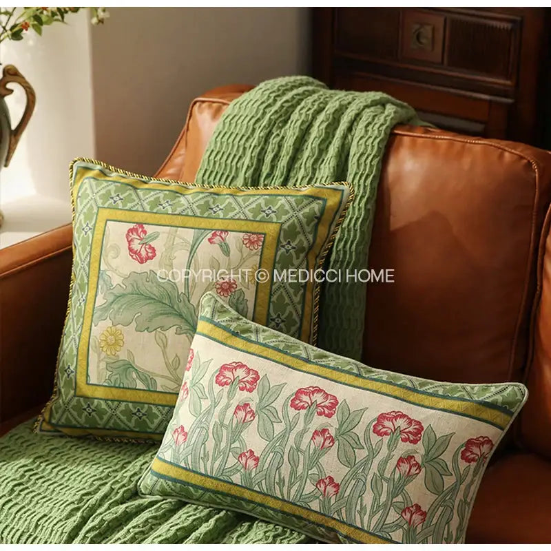 French linen flax bird and flower lumbar pillow cover bedroom decor