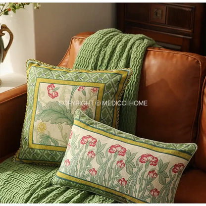 French linen flax bird and flower lumbar pillow cover bedroom decor