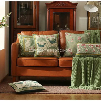 French linen flax bird and flower lumbar pillow cover bedroom decor