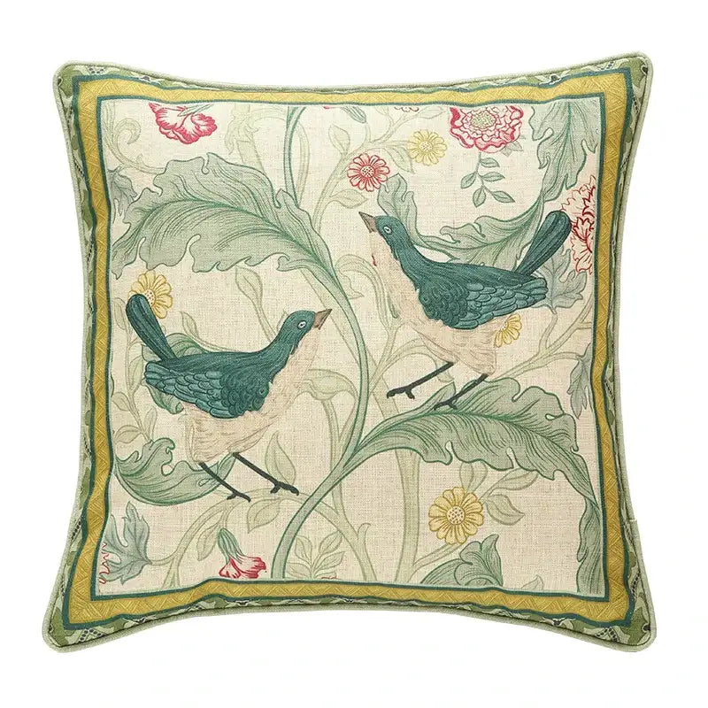 French linen flax bird and flower lumbar pillow cover bedroom decor