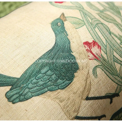 French linen flax bird and flower lumbar pillow cover bedroom decor