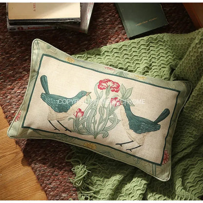 French linen flax bird and flower lumbar pillow cover bedroom decor