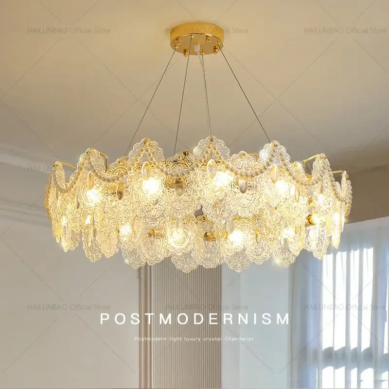 French luxury gold glass chandelier dining room lace crystal