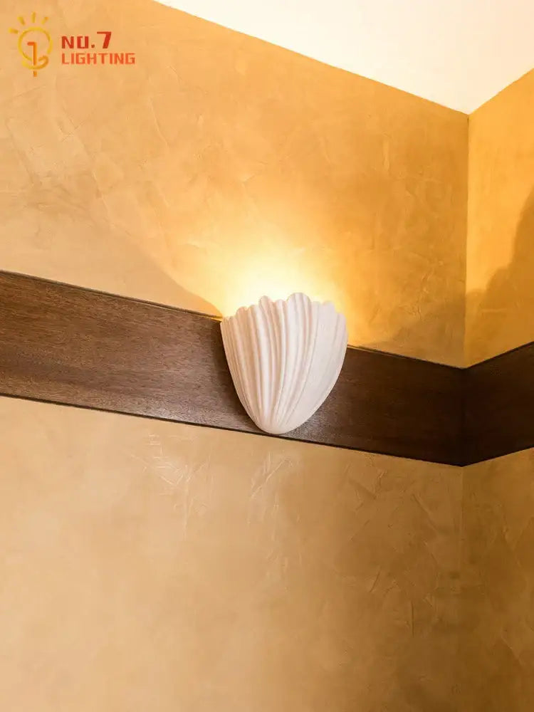 French medieval white shell wall lamp for bedroom ribbed gypsum light