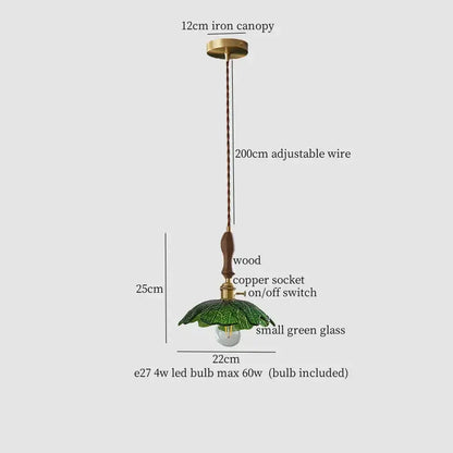 French minimalist green glass copper wood pendant lamp dining room