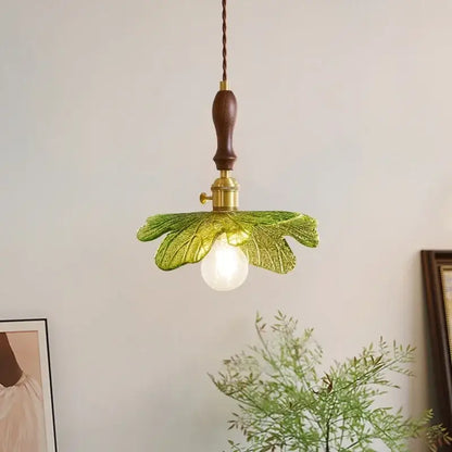French minimalist green glass copper wood pendant lamp dining room