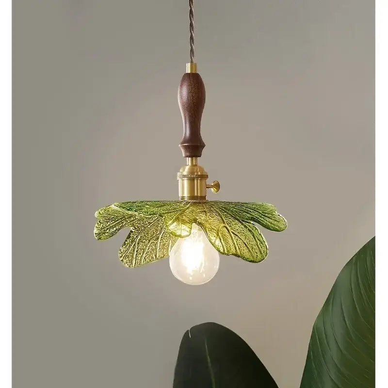 French minimalist green glass copper wood pendant lamp dining room