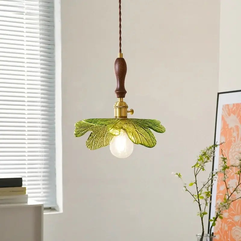 French minimalist green glass copper wood pendant lamp dining room