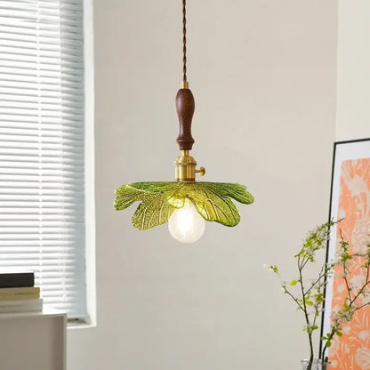 French minimalist green glass copper wood pendant lamp dining room