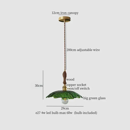 French minimalist green glass copper wood pendant lamp dining room