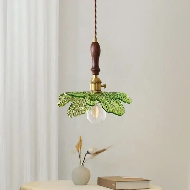 French minimalist green glass copper wood pendant lamp dining room