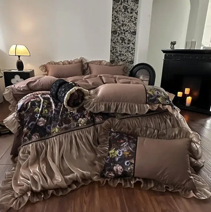 French organza lace taupe floral bedding set bedroom egyptian cotton