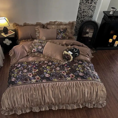 French organza lace taupe floral bedding set bedroom egyptian cotton