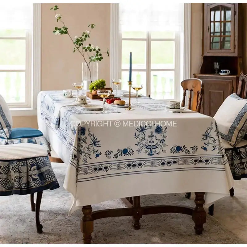 French pastoral blue onion print tablecloth – dining room decor