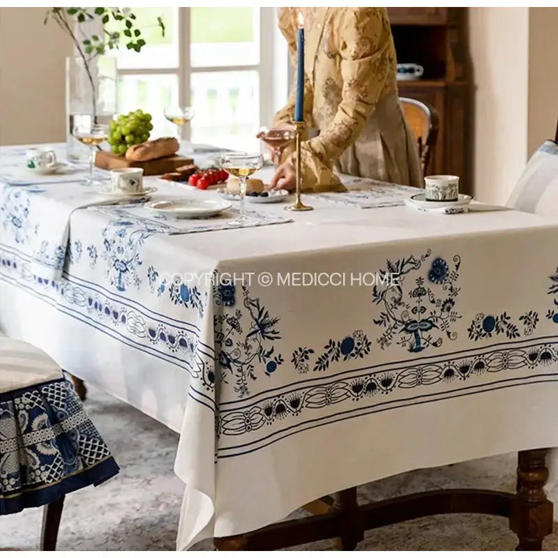 French pastoral blue onion print tablecloth – dining room decor