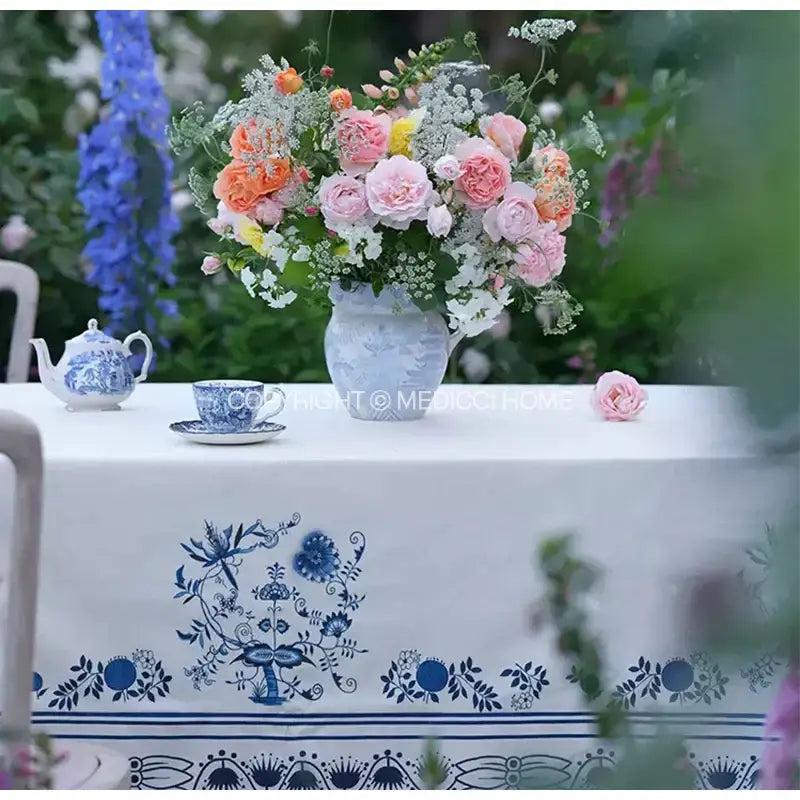 French pastoral blue onion print tablecloth – dining room decor