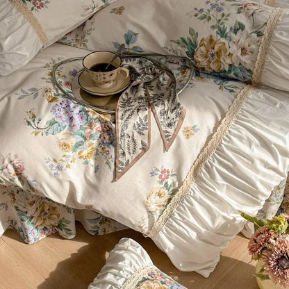 French pastoral princess cream floral lace bedding set bedroom cotton
