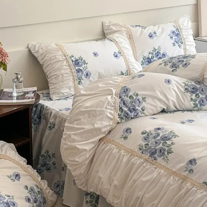 French pastoral princess cream floral lace bedding set bedroom cotton