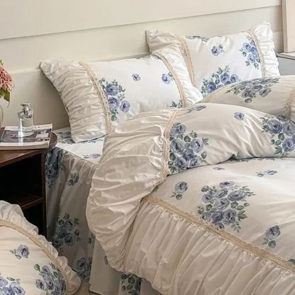 French pastoral princess cream floral lace bedding set bedroom cotton