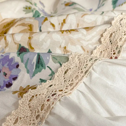 French pastoral princess cream floral lace bedding set bedroom cotton