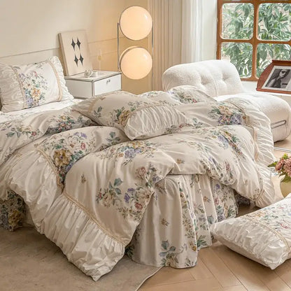 French pastoral princess cream floral lace bedding set bedroom cotton