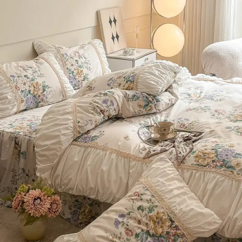 French pastoral princess cream floral lace bedding set bedroom cotton