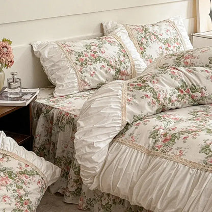 French pastoral princess cream floral lace bedding set bedroom cotton